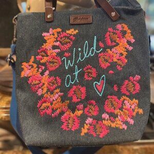 NWT Brighton Wild at Heart Embroidered Blue Denim Bag Adjustable Removable Strap